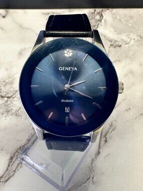 Geneva Watch Men Silver Tone Blue Dial Date Window Black Band New Battery
